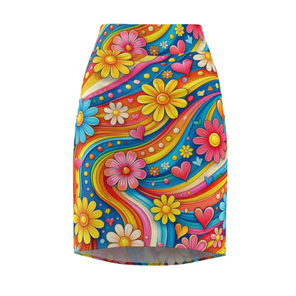 Retro Floral Psychedelic Pencil Skirt — Colorful 70s Daisy Heart Print