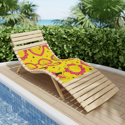 Retro Peace & Love Beach Towel — Yellow Floral Heart Paisley Pattern