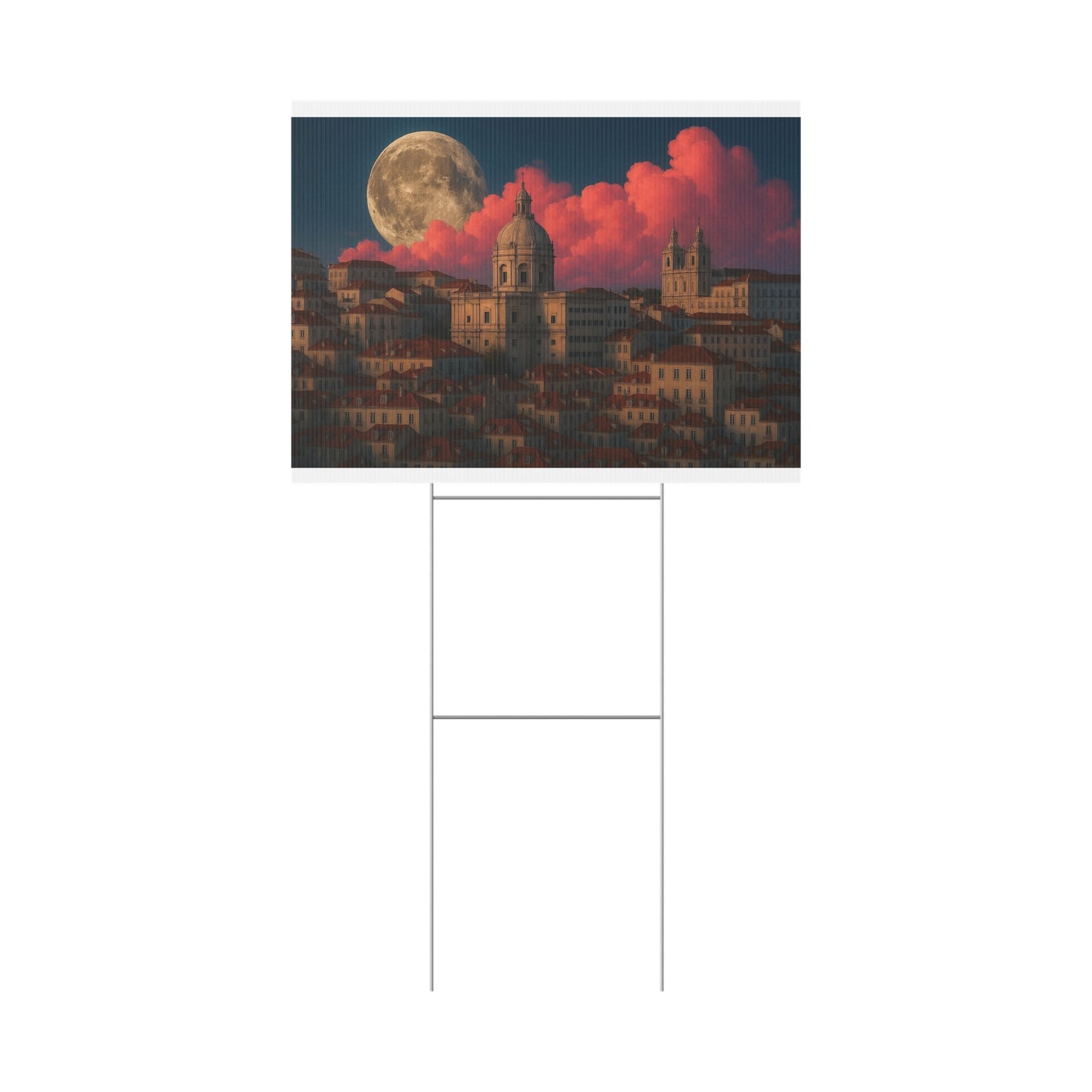 Moonlit Cityscape Plastic Yard Sign — Full Moon Over Sunset Clouds