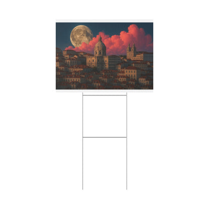 Moonlit Cityscape Plastic Yard Sign — Full Moon Over Sunset Clouds