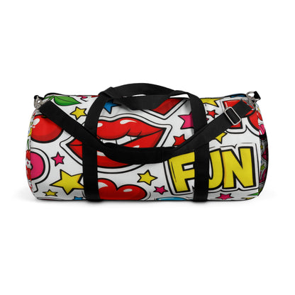 Pop Art Duffel Bag — Retro Hearts, Cherries & Lip Graphic Travel Bag