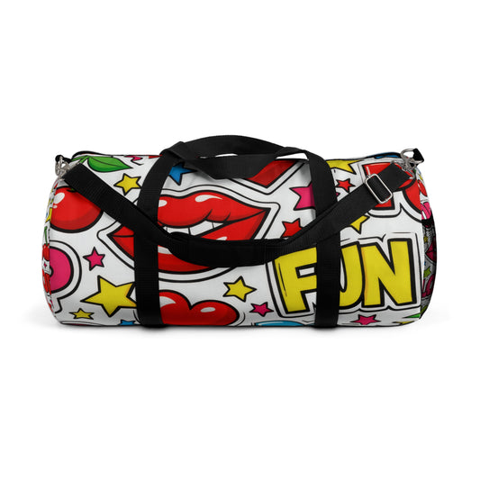Pop Art Duffel Bag — Retro Hearts, Cherries & Lip Graphic Travel Bag