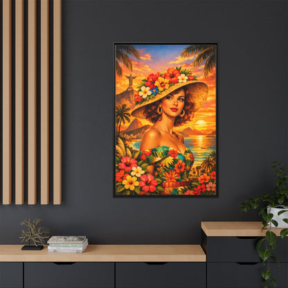 Elegant glamorous vintage woman in Rio de Janeiro front of Christ the Redeemer statue, retro Brazilian travel fashion illustration Canvas — Framed