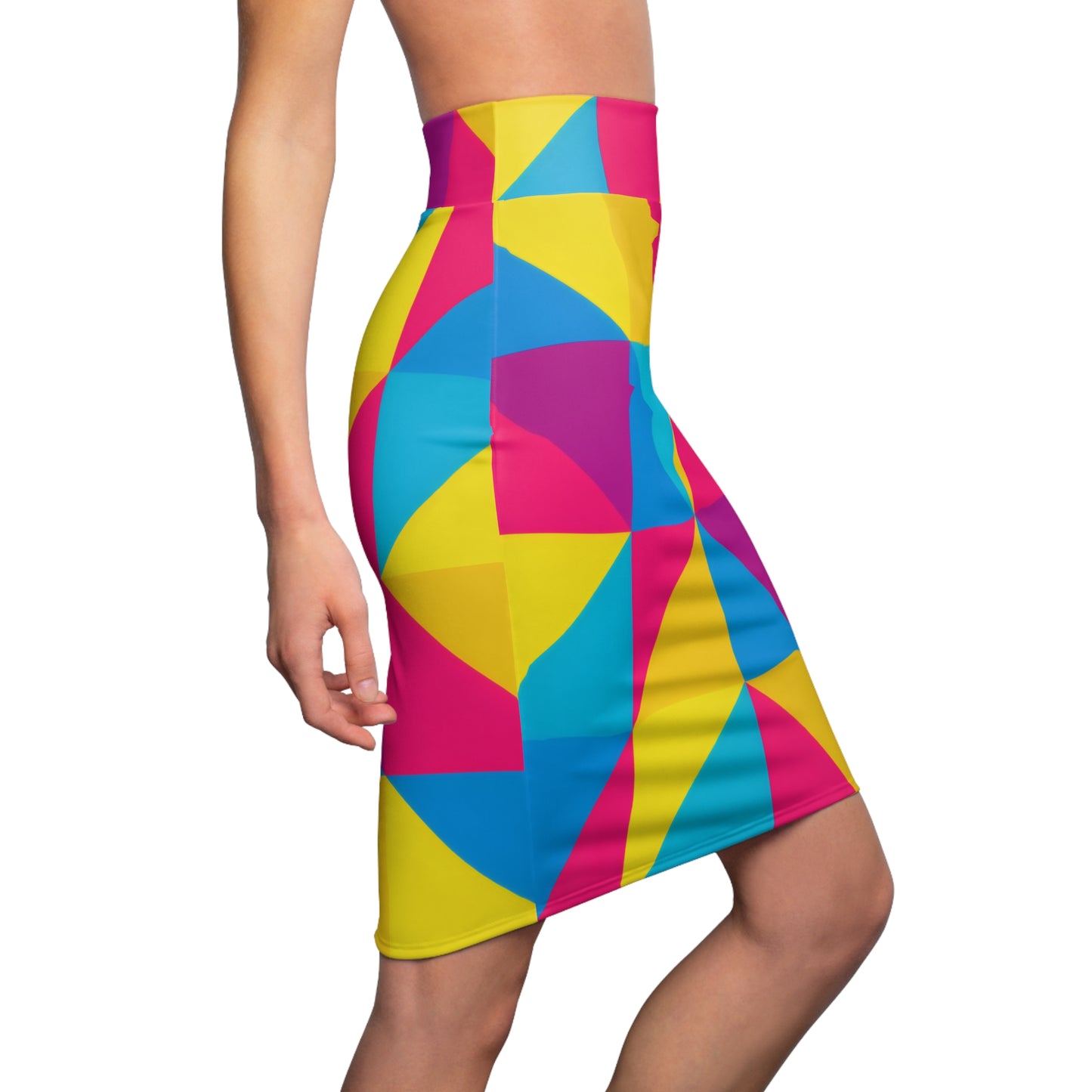 Geometric Colorblock Pencil Skirt — Neon Pink, Yellow & Cyan AOP
