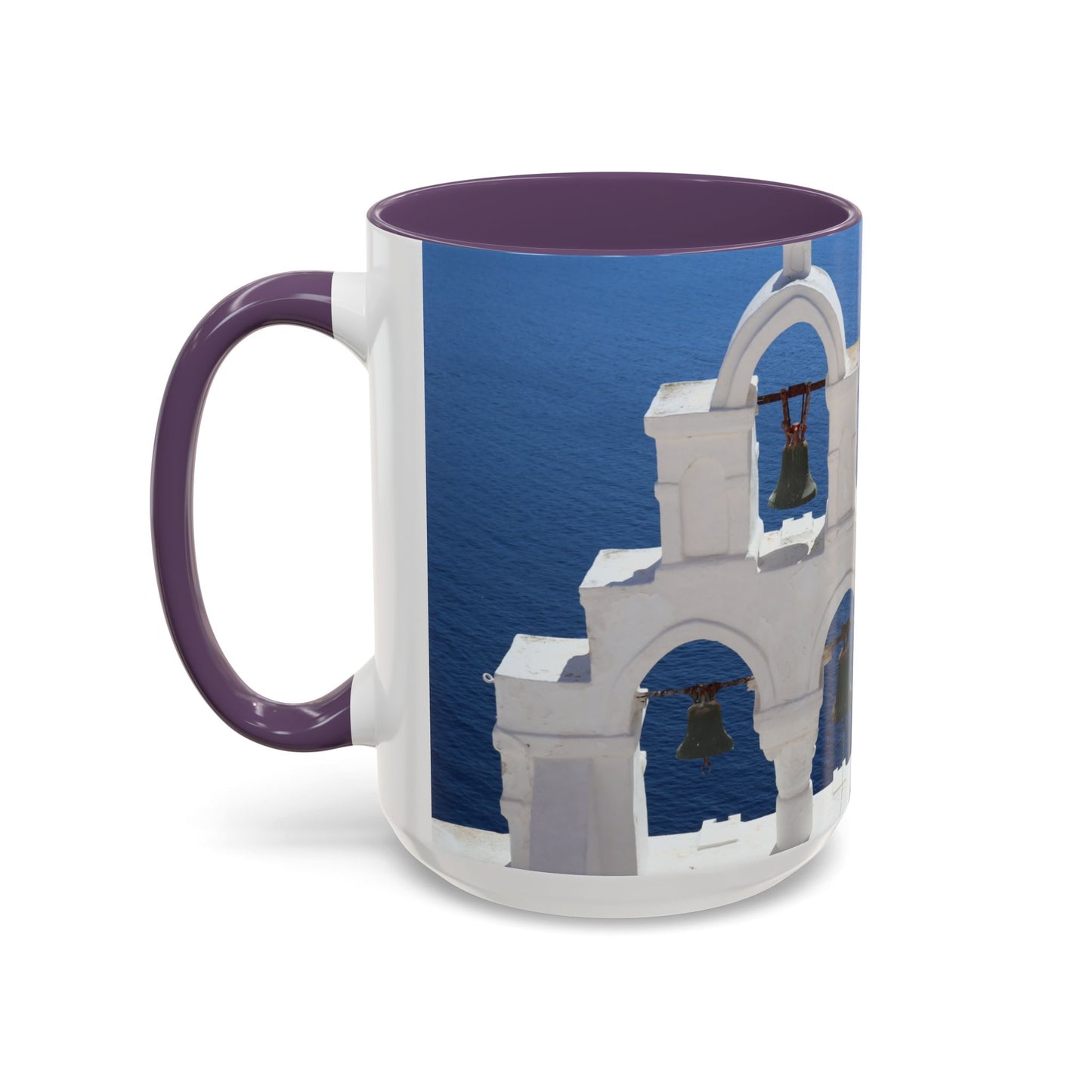 Santorini Bell Towers coffee mug | Greek island scene, blue sea accent mug