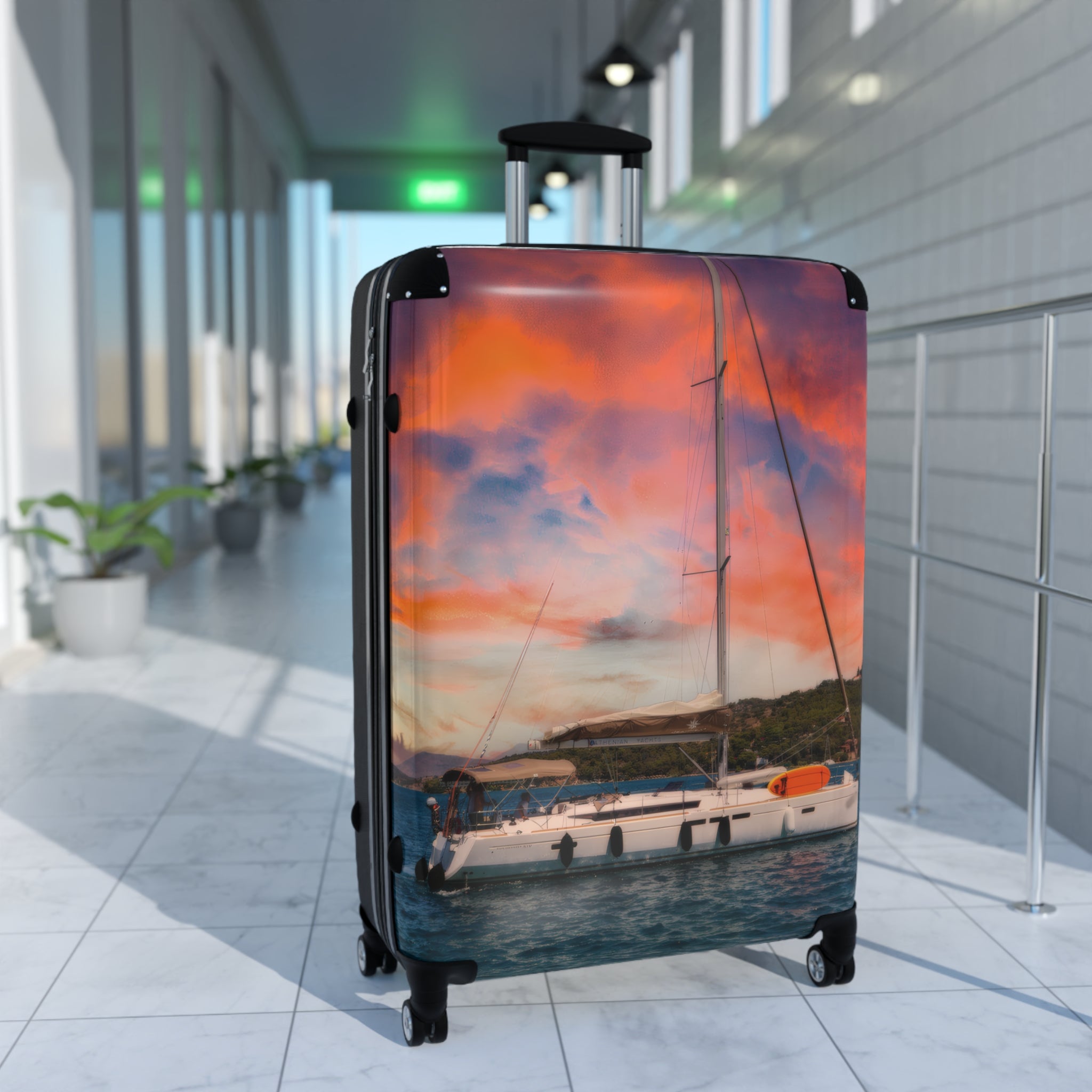 Luxury Yacht Sunset Suitcase, Mediterranean Sailing Travel Luggage, Vibrant Orange Sky Vacation Bag, Nautical Artist Design Cabin Suitcase