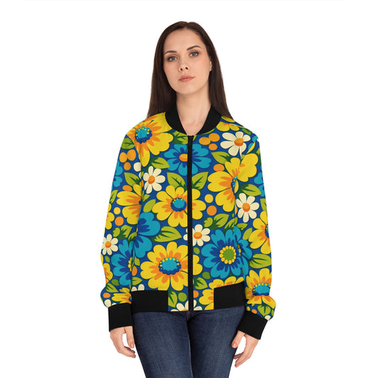 Floral Bomber Jacket — Retro Yellow & Blue Flower All-Over Print