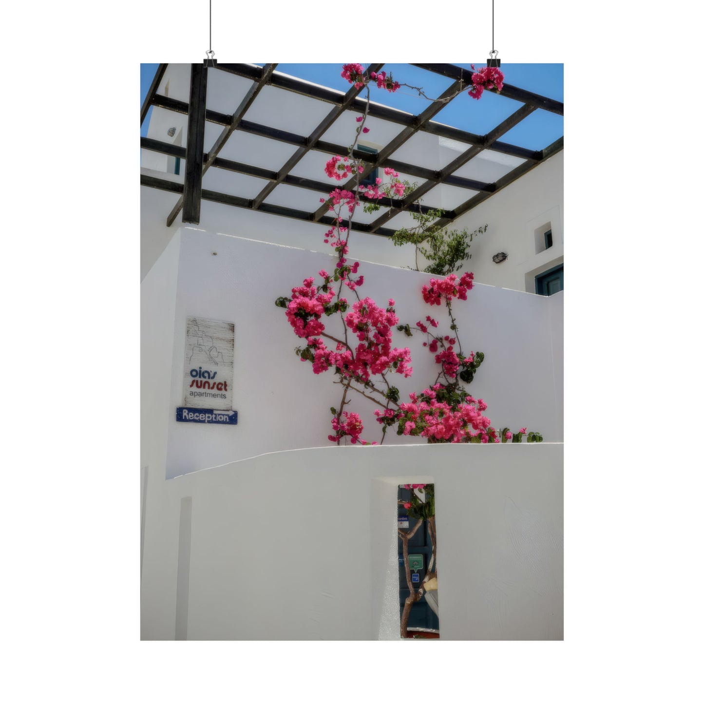 Santorini Bougainvillea Poster, Oia Greece White Architecture Art, Mediterranean Floral Wall Decor, Greek Island Photography Print Art Decor