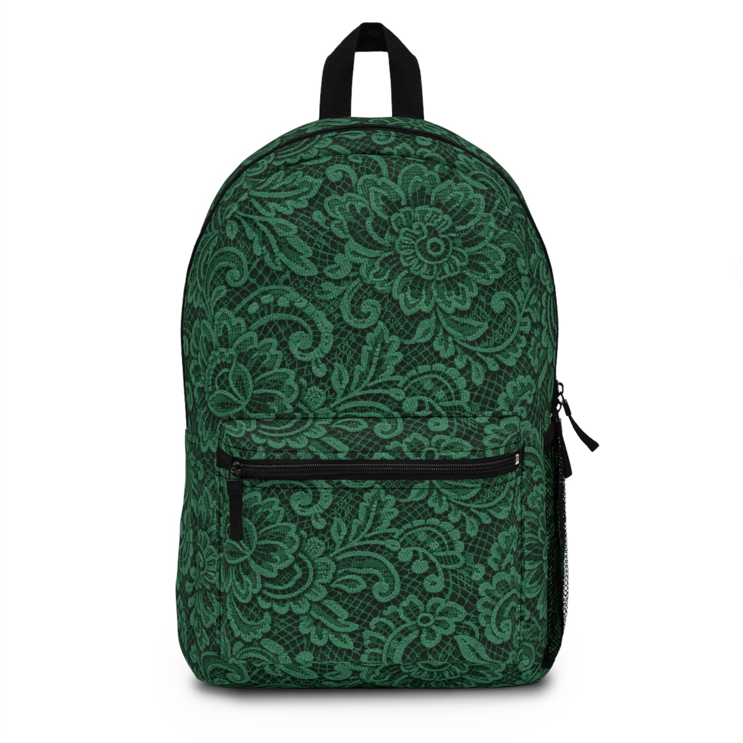 Green Floral Lace Pattern Backpack — Elegant Vintage-Style Daypack