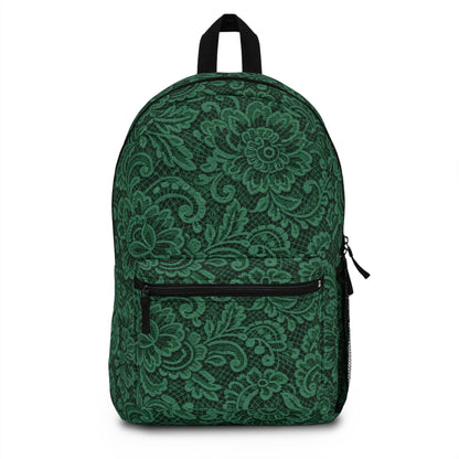 Green Floral Lace Pattern Backpack — Elegant Vintage-Style Daypack