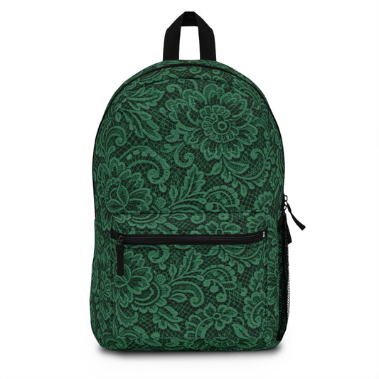 Green Floral Lace Pattern Backpack — Elegant Vintage-Style Daypack