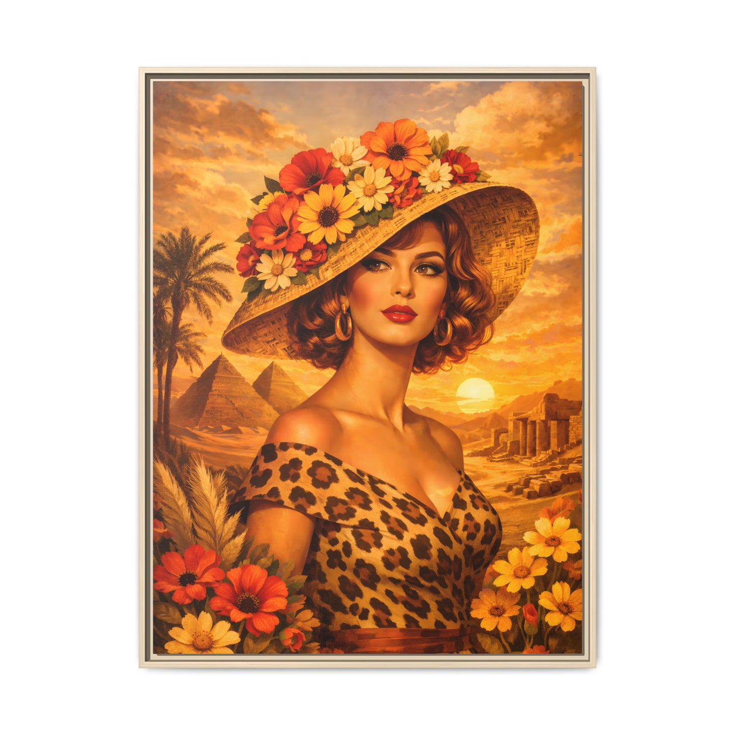 Elegant glamorous vintage woman in Egypt front of Giza pyramids at sunset, retro safari travel fashion illustration, Framed