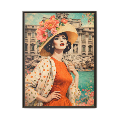 Elegant glamorous vintage woman in Rome front of Trevi Fountain, retro Italian travel fashion illustration,Framed Matte Canvas Art