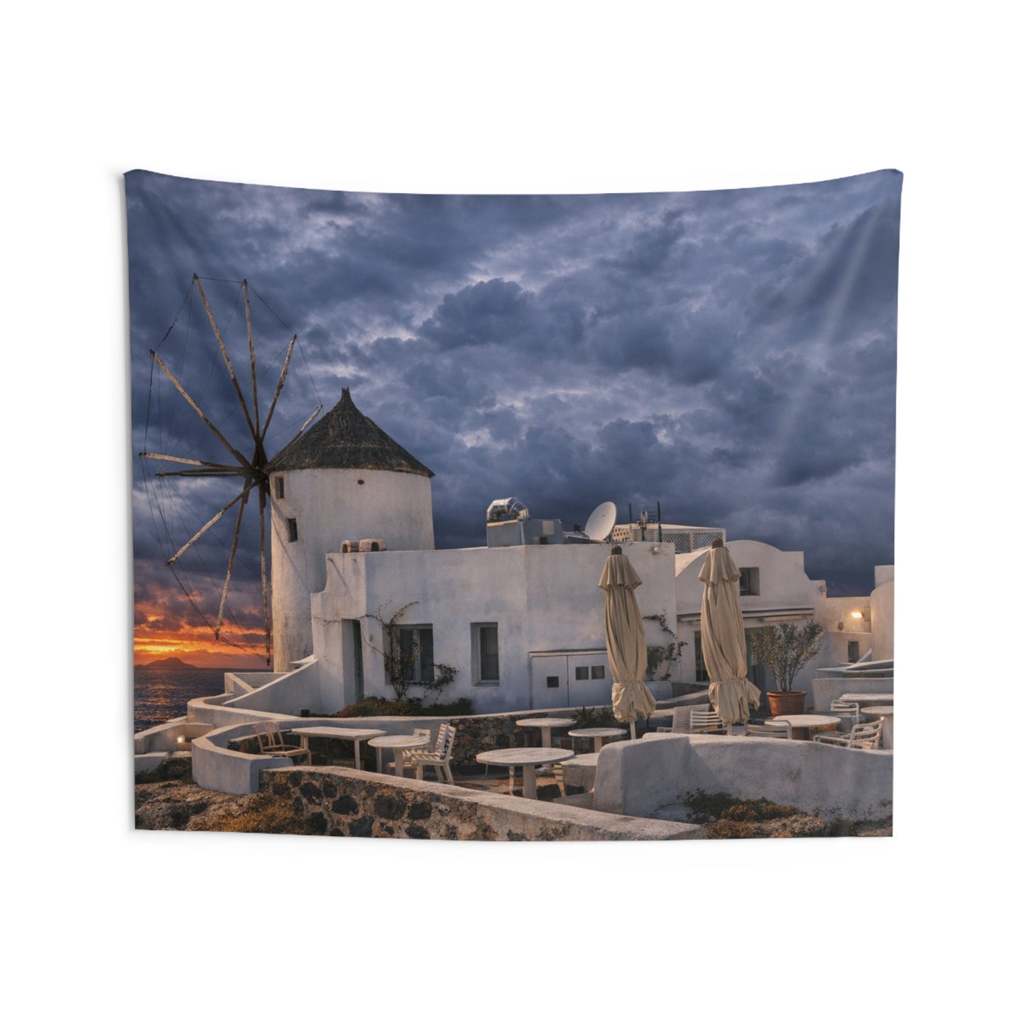 Oia Santorini Windmill Tapestry — Sunset Mediterranean Landscape Wall Hanging