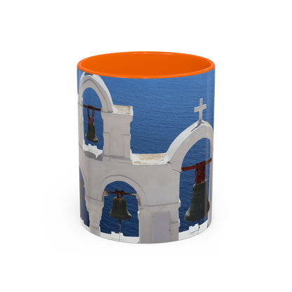 Santorini Bell Towers coffee mug | Greek island scene, blue sea accent mug