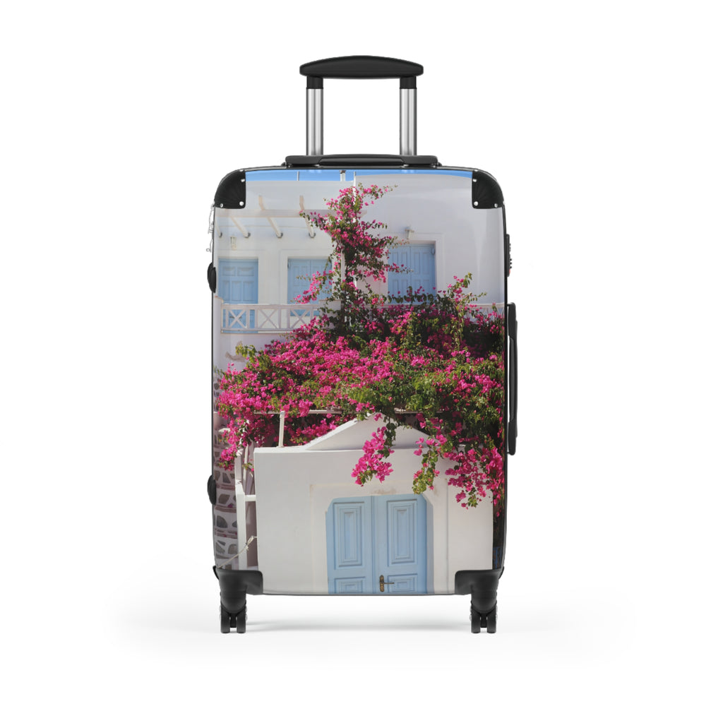 Bougainvillea Dream Suitcase - Greek Blue Doors & Pink Flowers Luggage | My Original Photo