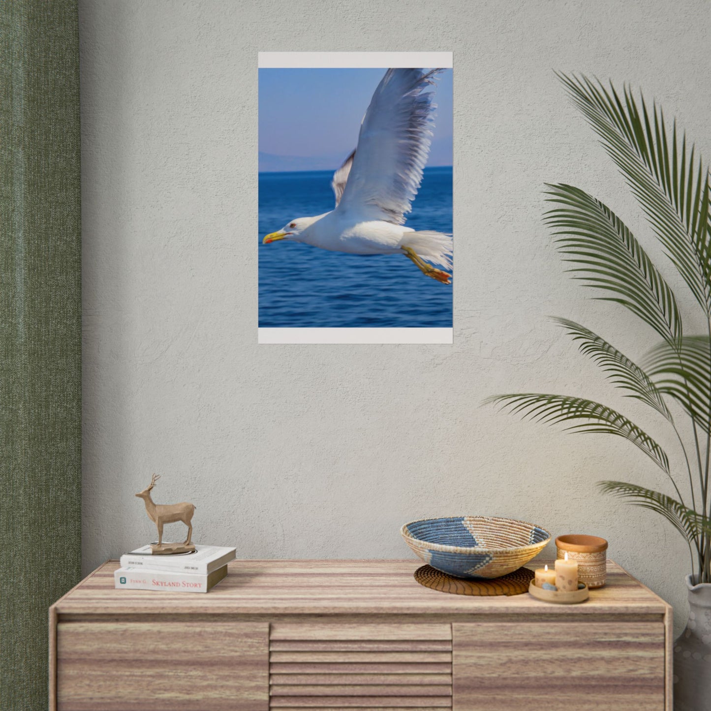 Seagull in Flight Poster, Ocean Blue Sea Wall Art, Coastal Bird Photography Print, Mediterranean Nautical Decor, Minimalist Beach House Art