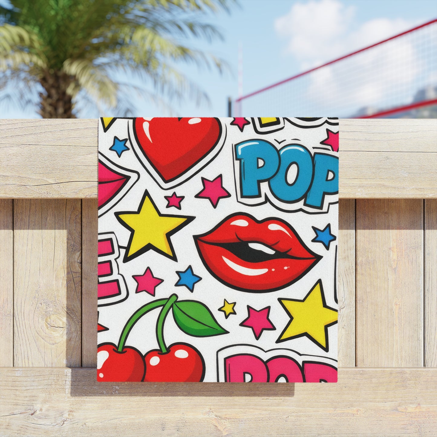 Pop Art Cherry Beach Towel — Fun Lips, Hearts & "POP" Pattern