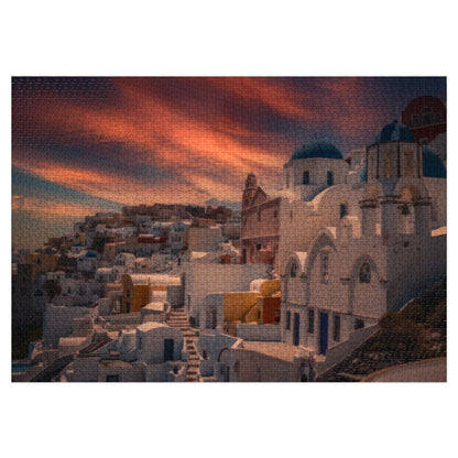 Santorini Sunset Jigsaw Puzzle, Oia Greece Blue Dome Game, Dreamy Mediterranean Sky Art, Greek Island Travel Gift, Aesthetic Scenic Puzzle