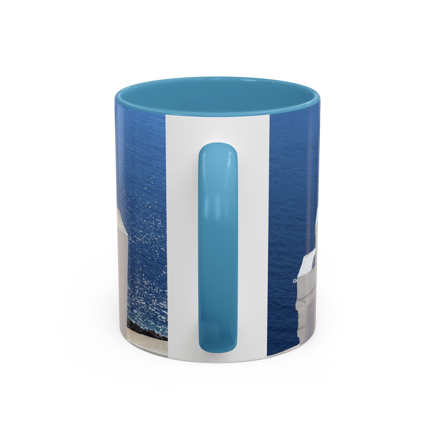 Santorini Bell Towers coffee mug | Greek island scene, blue sea accent mug