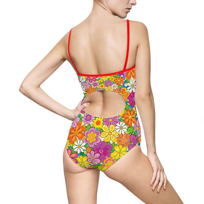 Floral Retro One-Piece Swimsuit — Bright 60s Flower Power Print