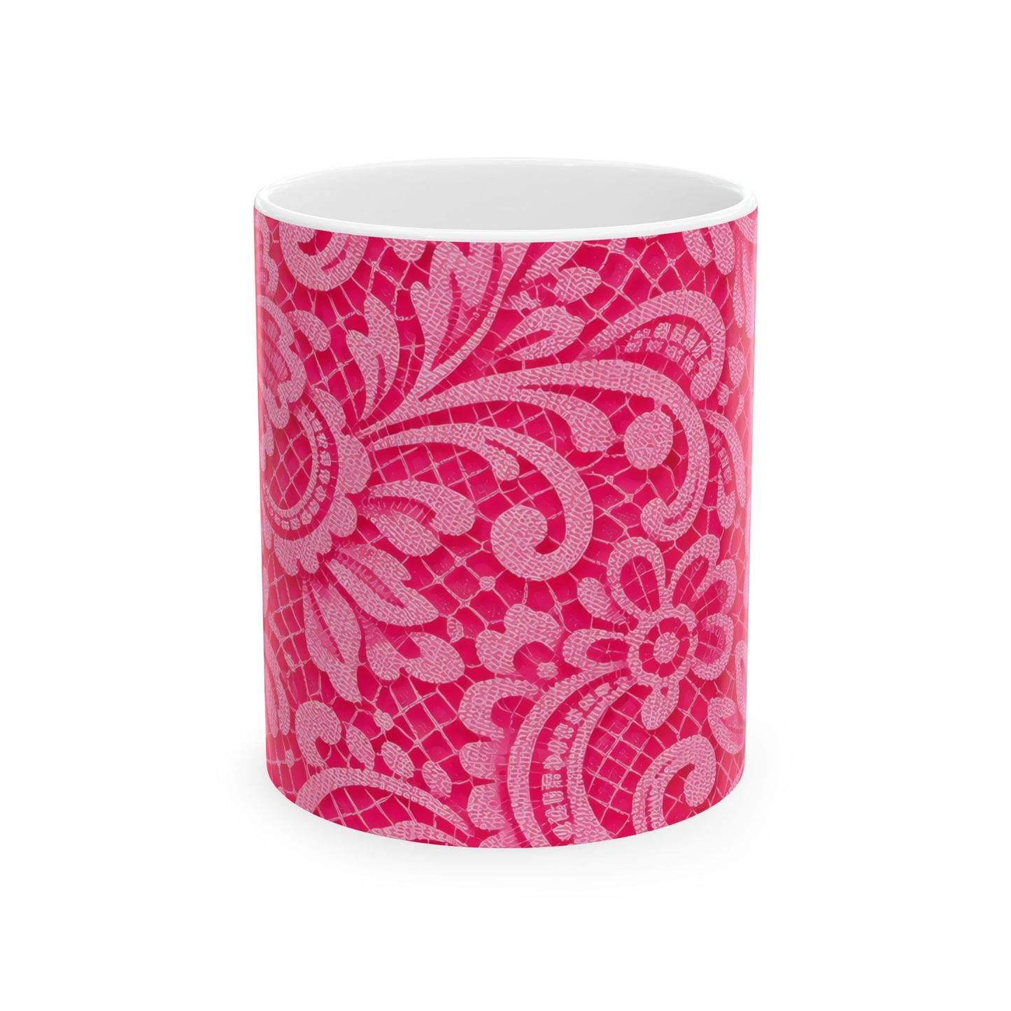 Pink Floral Lace Ceramic Mug — Decorative Paisley Pattern Coffee Cup (11oz, 15oz)