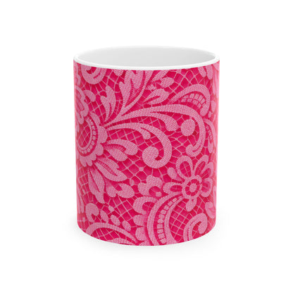 Pink Floral Lace Ceramic Mug — Decorative Paisley Pattern Coffee Cup (11oz, 15oz)