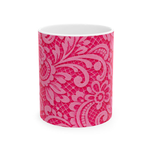 Pink Floral Lace Ceramic Mug — Decorative Paisley Pattern Coffee Cup (11oz, 15oz)