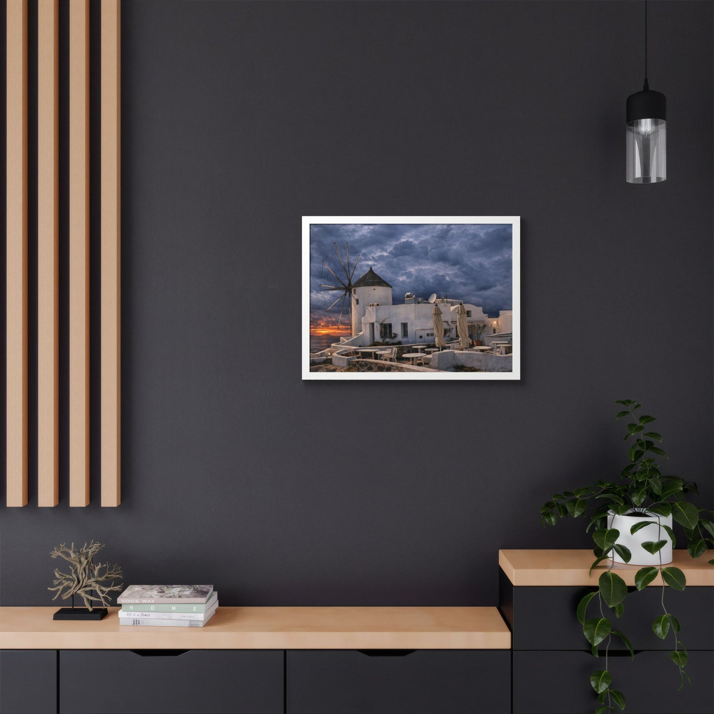 Santorini Windmill Sunset Poster  Framed Wall Art  Greece Coastal Landscape Print  Mediterranean Home Decor  Travel Photography Gift