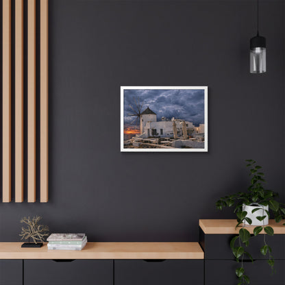 Santorini Windmill Sunset Poster  Framed Wall Art  Greece Coastal Landscape Print  Mediterranean Home Decor  Travel Photography Gift