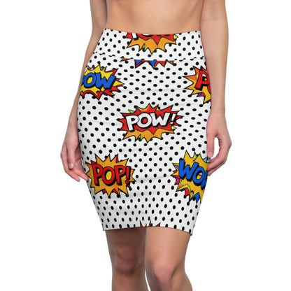 Comic Pop Pencil Skirt — POW! WOW! Retro Polka Dot Graphic Skirt