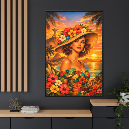 Elegant glamorous vintage woman in Rio de Janeiro front of Christ the Redeemer statue, retro Brazilian travel fashion illustration Canvas — Framed