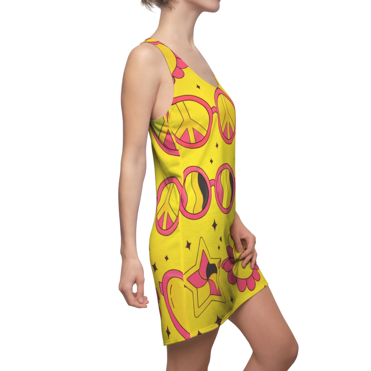 Yellow Retro Peace & Heart Racerback Dress - 70s Flower Power Print
