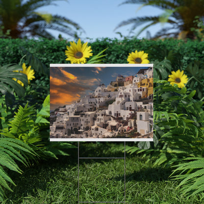 Santorini Sunset Yard Sign, Oia Greece Garden Decor, Mediterranean Outdoor Welcome Sign,