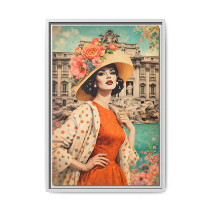 Elegant glamorous vintage woman in Rome front of Trevi Fountain, retro Italian travel fashion illustration,Framed Matte Canvas Art