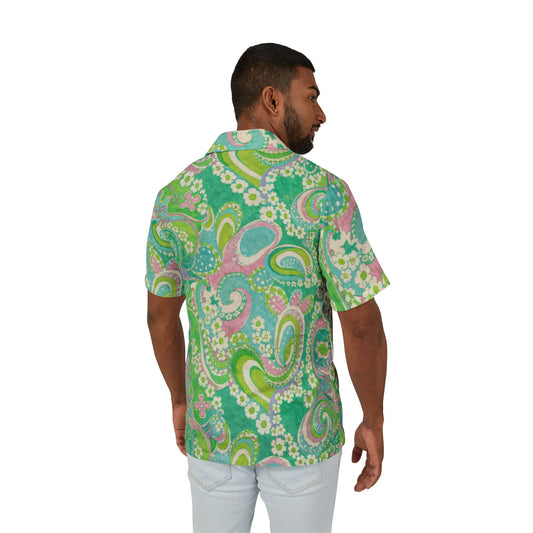 Green Paisley Hawaiian Camp Shirt — Retro Floral Aloha Button-Up
