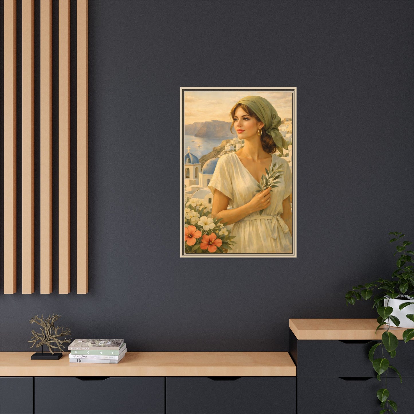Oia Santorini Greek Woman Portrait — Romantic Vintage Framed Matte Canvas Art