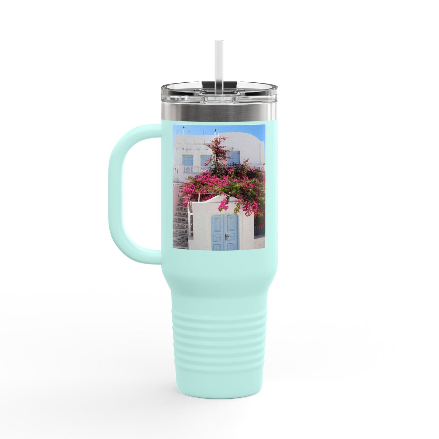 Santorini Blue Door Photo Travel Mug 40oz Insulated Tumbler