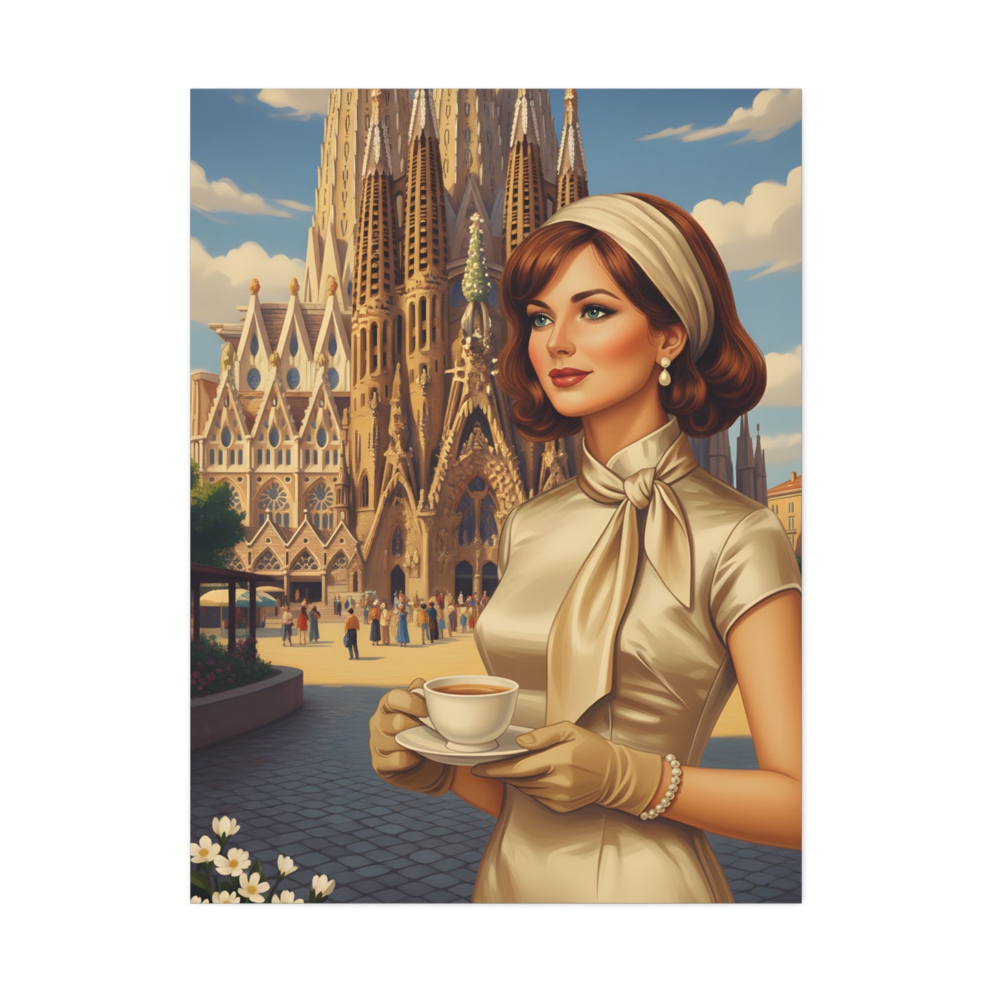 Elegant vintage woman drinking coffee in front of Sagrada Familia in Barcelona, retro fashion illustration Canvas Print - Stretched 1.5"