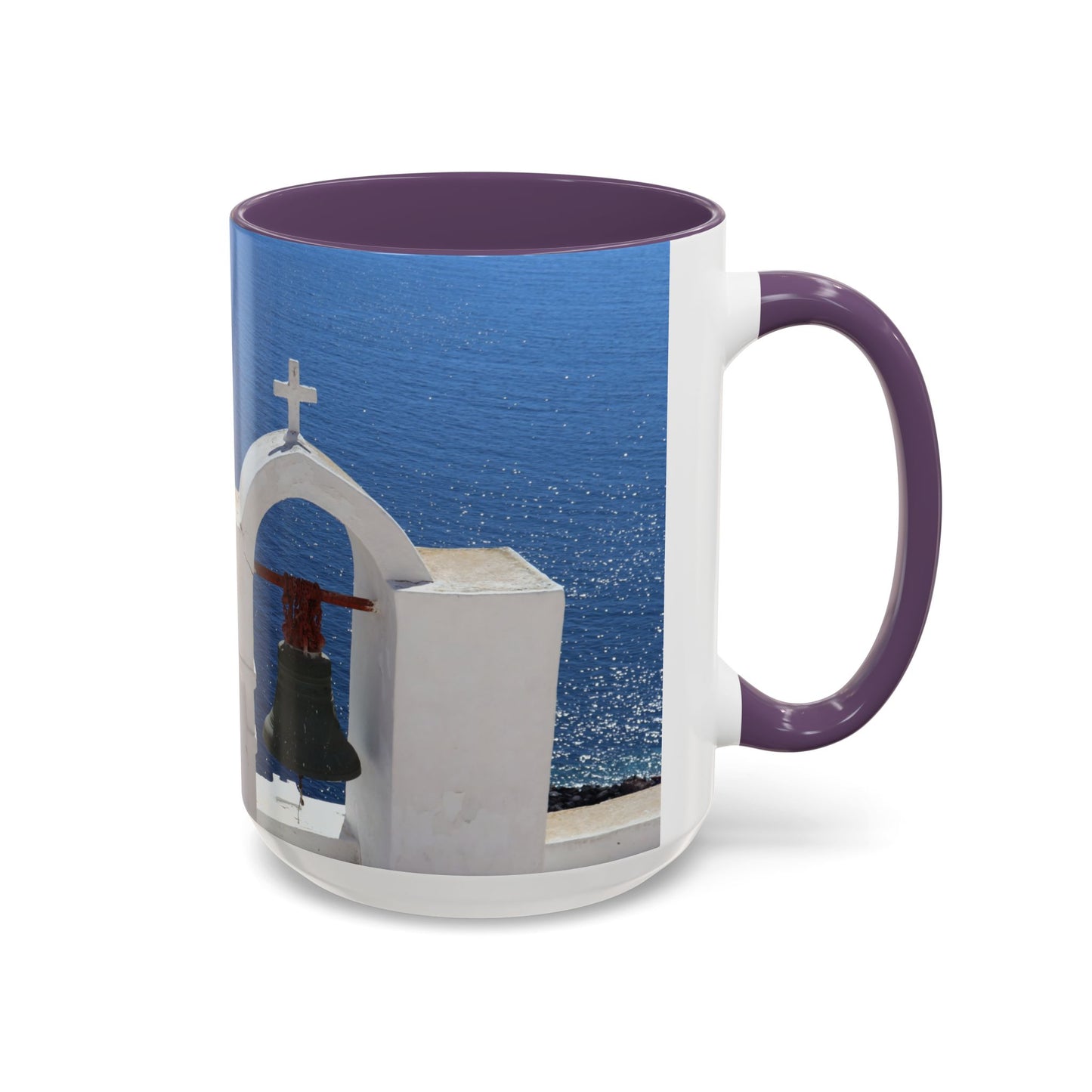 Santorini Bell Towers coffee mug | Greek island scene, blue sea accent mug