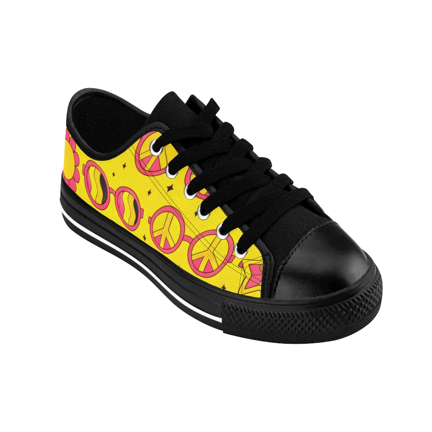 Peace Sign Floral Women's Sneakers — Yellow Retro Boho Canvas Shoes