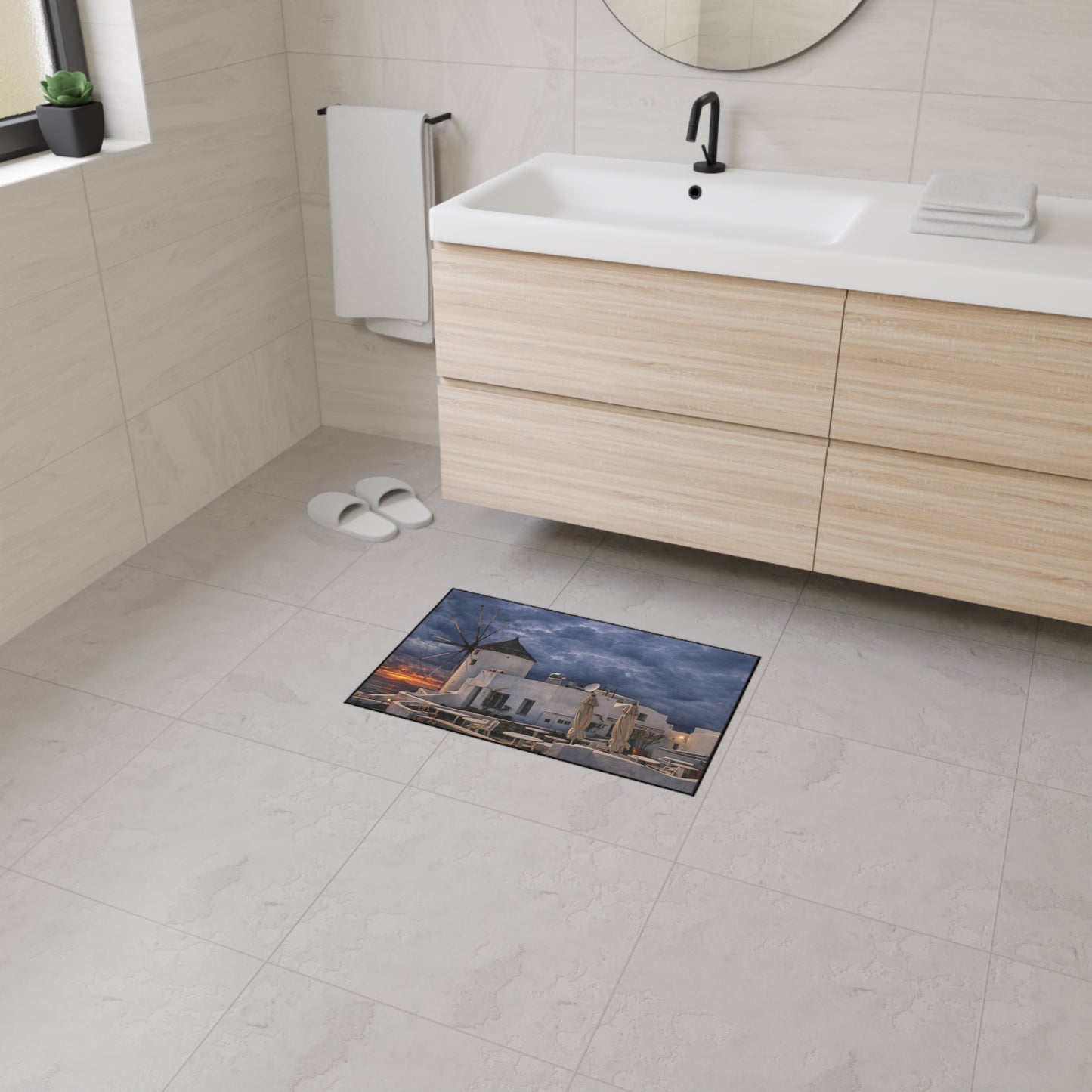Oia Santorini Windmill Floor Mat — Mediterranean Coastal Sunset Home Decor