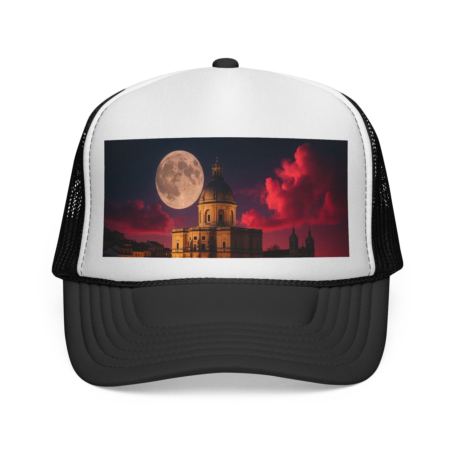 Moonlit Castle Trucker Cap — Gothic Nightscape Hat
