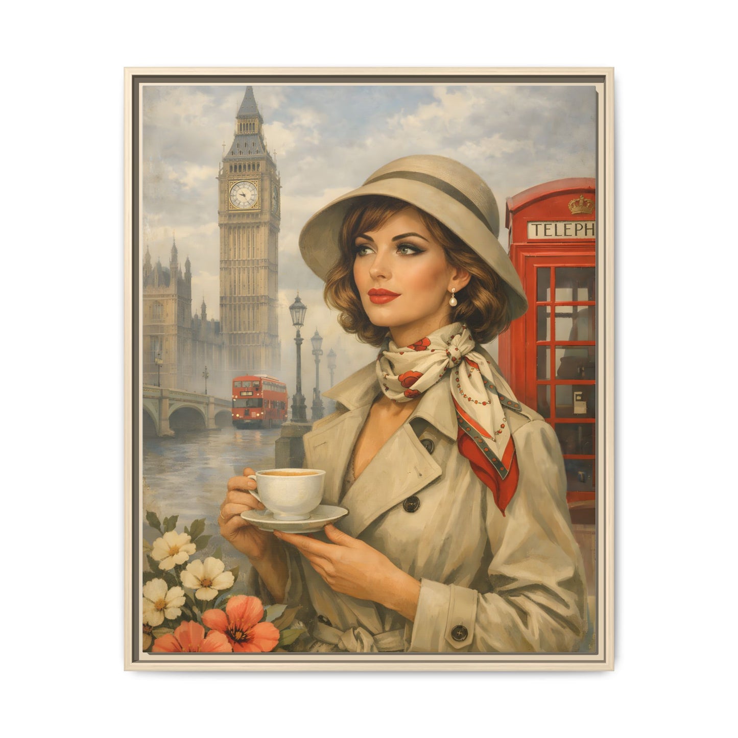 Elegant vintage woman drinking tea in front of Big Ben in London, retro British travel fashion illustration Matte Canvas