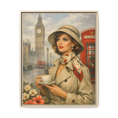 Elegant vintage woman drinking tea in front of Big Ben in London, retro British travel fashion illustration Matte Canvas