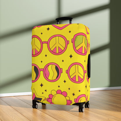 Retro Sunshine Luggage Cover – Yellow Peace Sign, Hearts & Flowers Travel Protector