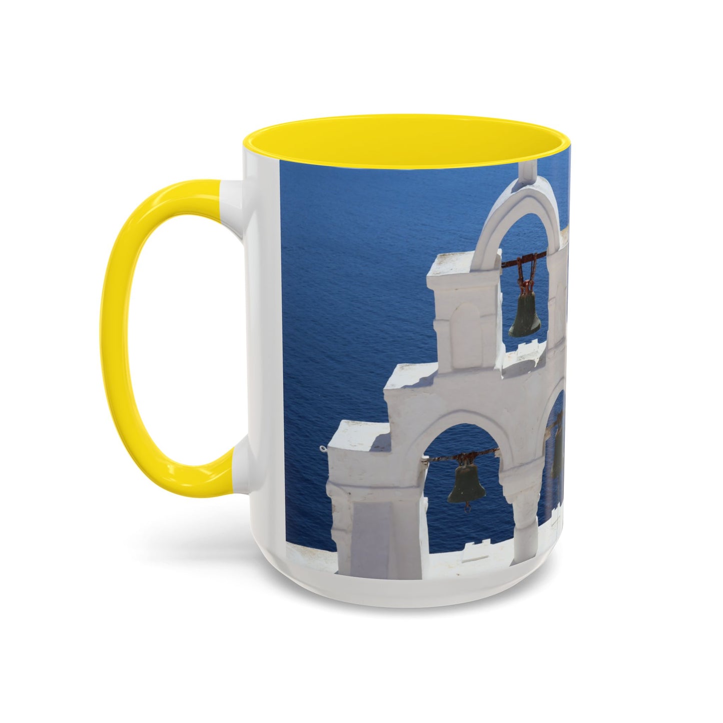 Santorini Bell Towers coffee mug | Greek island scene, blue sea accent mug