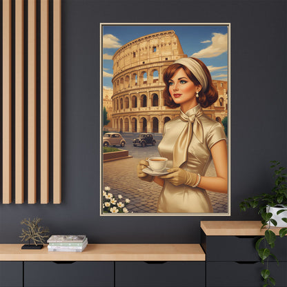 Elegant vintage woman drinking coffee in front of Colosseum in Rome Canvas Print
