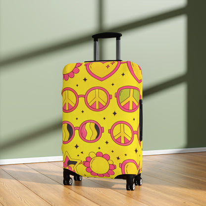 Retro Sunshine Luggage Cover – Yellow Peace Sign, Hearts & Flowers Travel Protector