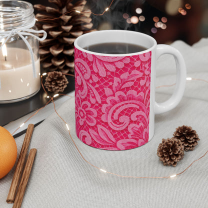 Pink Floral Lace Ceramic Mug — Decorative Paisley Pattern Coffee Cup (11oz, 15oz)